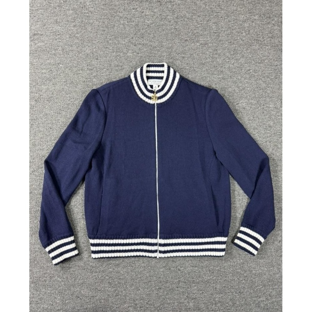 St John Sweater Womens Small Blue White Santana Knit Bomber Varsity‎ Made USA